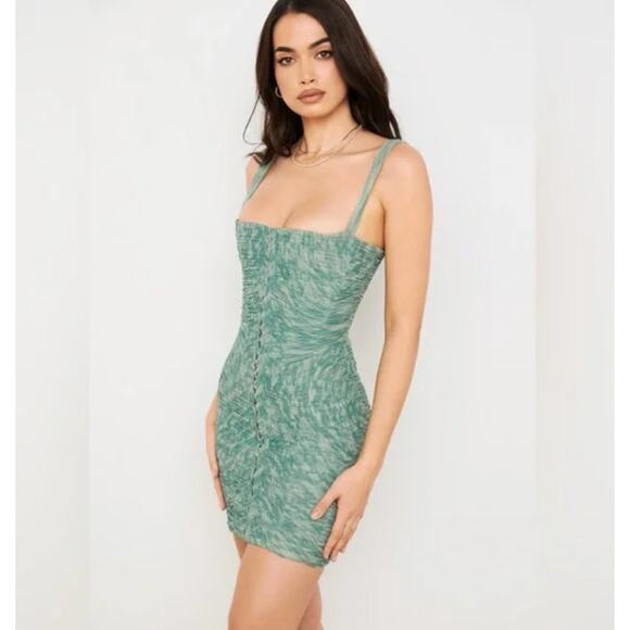 House of CB Cate Ivy Print Ruched Mesh Mini Dress Green XS - Picture 1 of 8